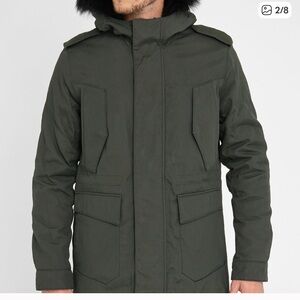 Men The Kooples dark green Winter parka size L, leather  trim Genuine Fox Fur